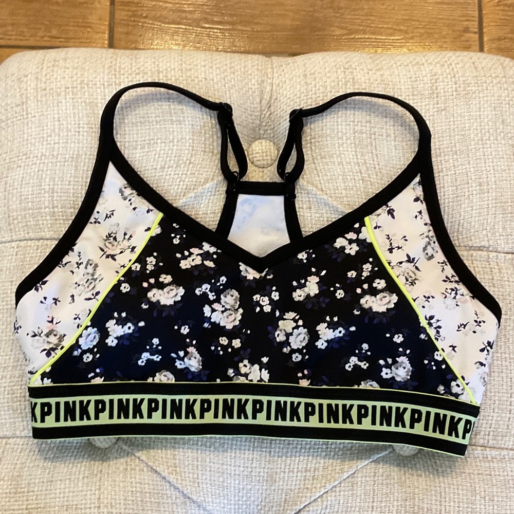 PINK Victoria's Secret Floral Sports Bra - Black, White, Neon Yellow